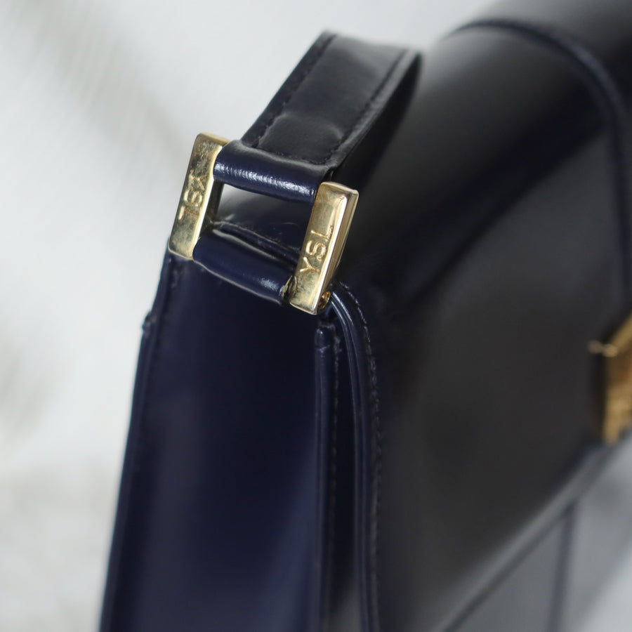YSL Saint Laurent Vintage Dark Navy Glossy Leather 2way Top Handle Flap Bag