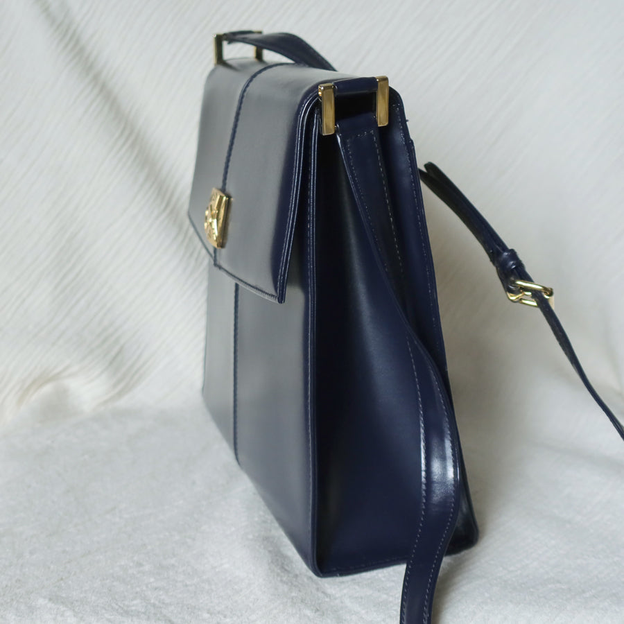 YSL Saint Laurent Vintage Dark Navy Glossy Leather 2way Top Handle Flap Bag