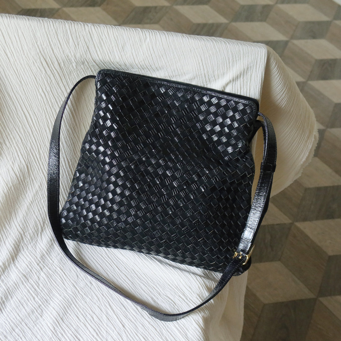 Rare Bottega Veneta Vintage Black Leather Double Intrecciato Weave Shoulder Bag