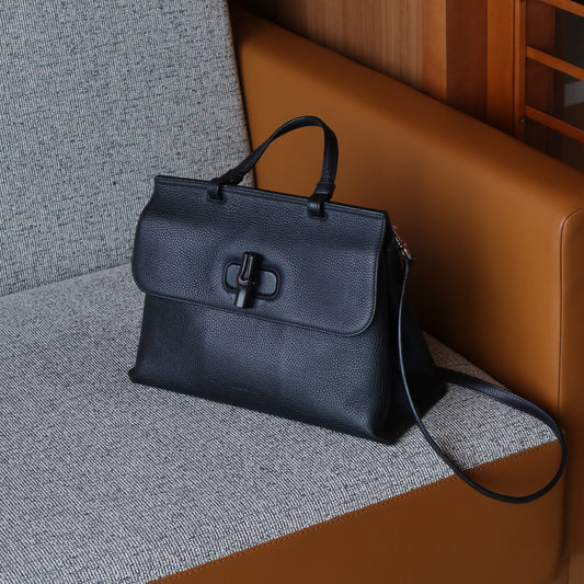 Gucci Vintage Black Medium Bamboo Daily Top Handle 2way Shoulder Bag
