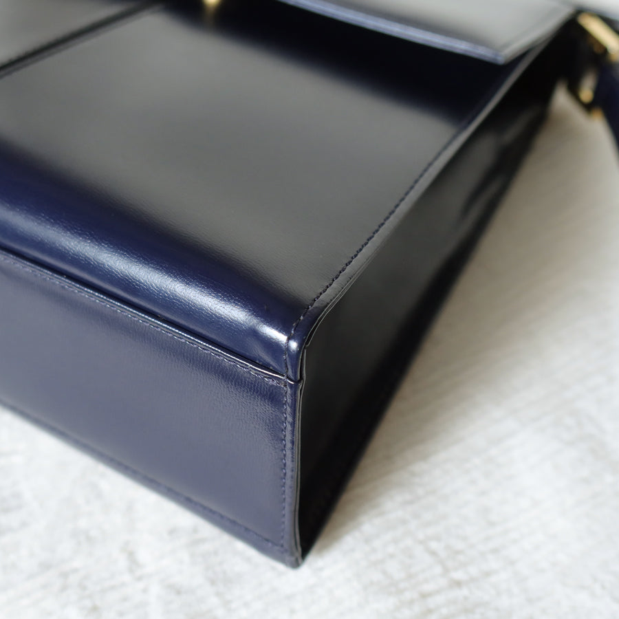 YSL Saint Laurent Vintage Dark Navy Glossy Leather 2way Top Handle Flap Bag