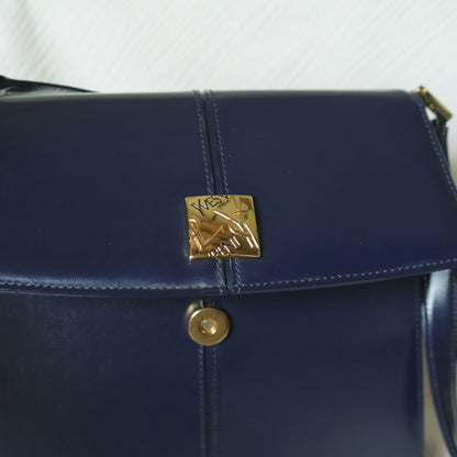 YSL Saint Laurent Vintage Dark Navy Glossy Leather 2way Top Handle Flap Bag