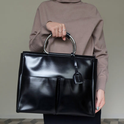 Gucci Vintage Black Patent Leather Ring Handles Travel Work Bag
