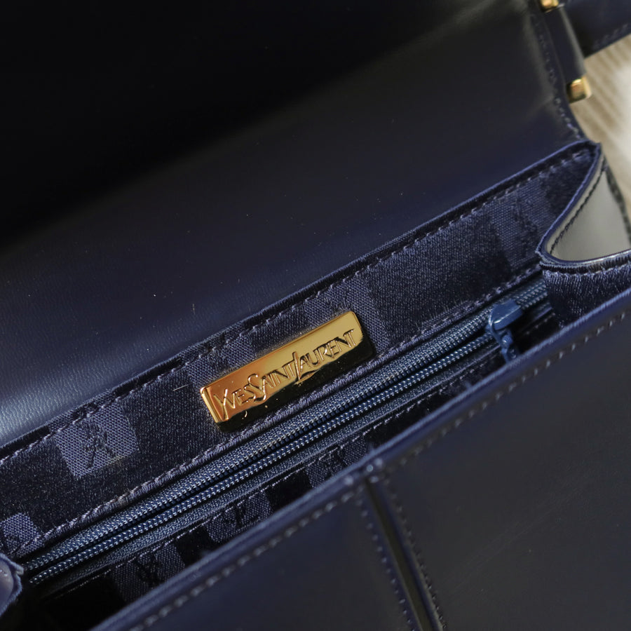 YSL Saint Laurent Vintage Dark Navy Glossy Leather 2way Top Handle Flap Bag