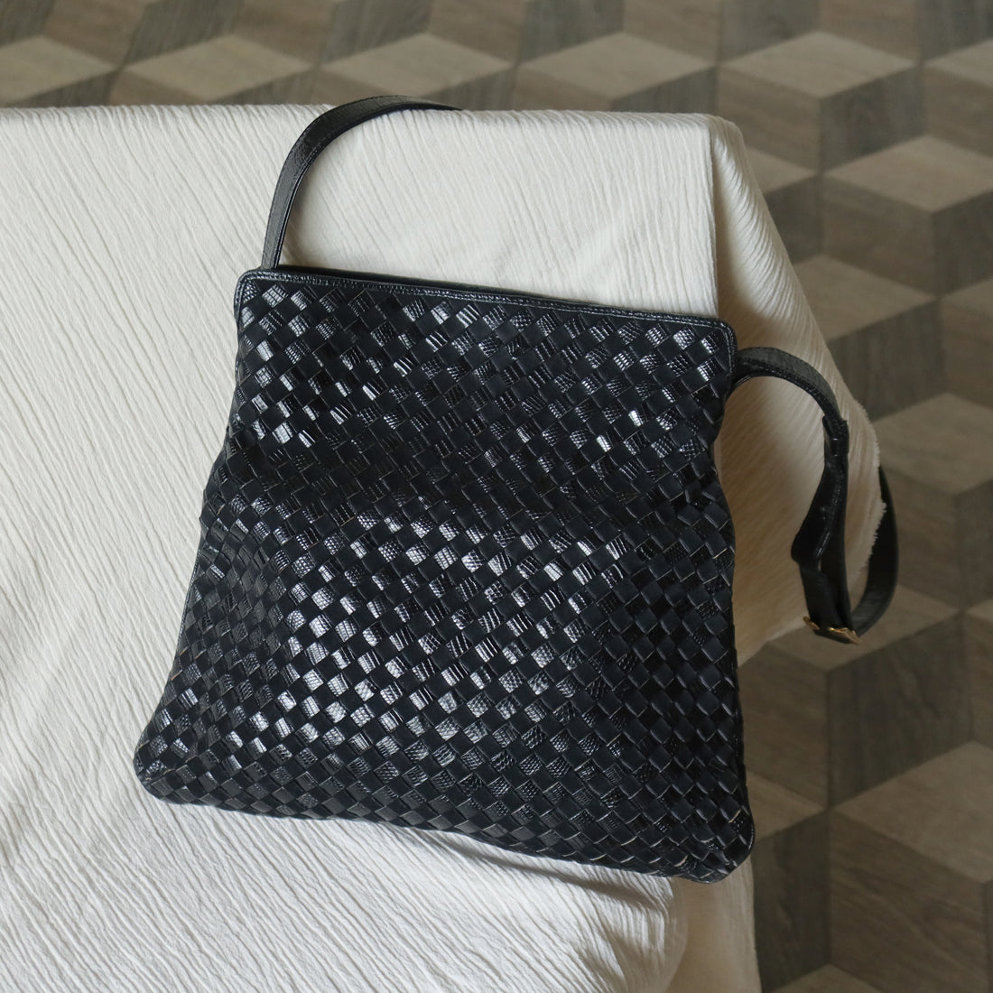 Rare Bottega Veneta Vintage Black Leather Double Intrecciato Weave Shoulder Bag