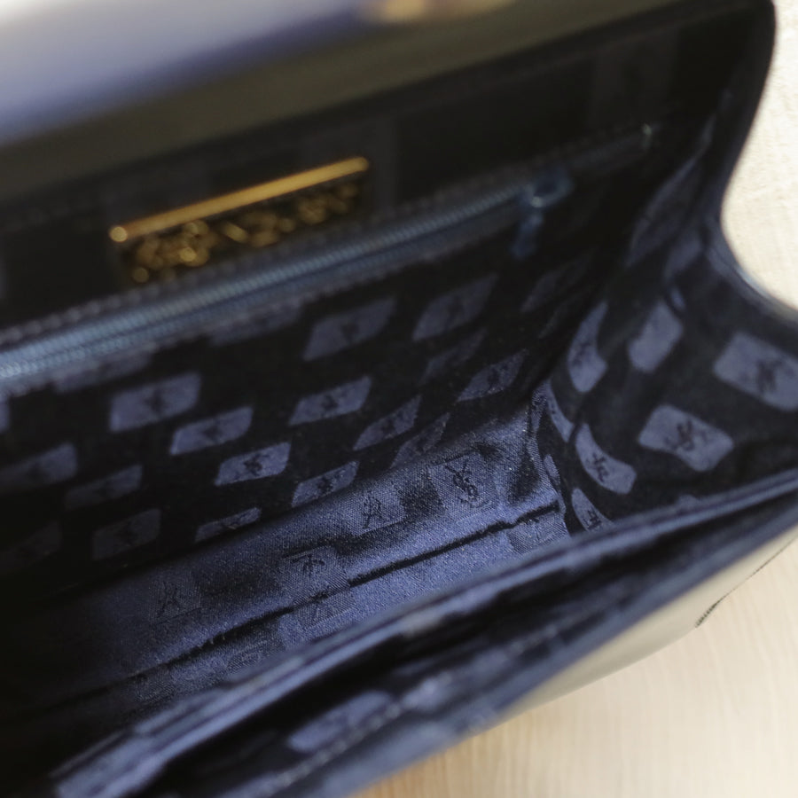 YSL Saint Laurent Vintage Dark Navy Glossy Leather 2way Top Handle Flap Bag