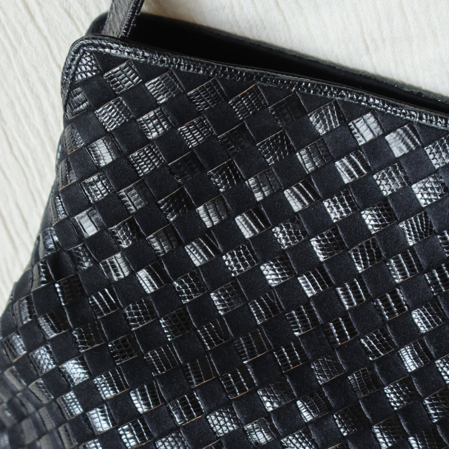 Rare Bottega Veneta Vintage Black Leather Double Intrecciato Weave Shoulder Bag