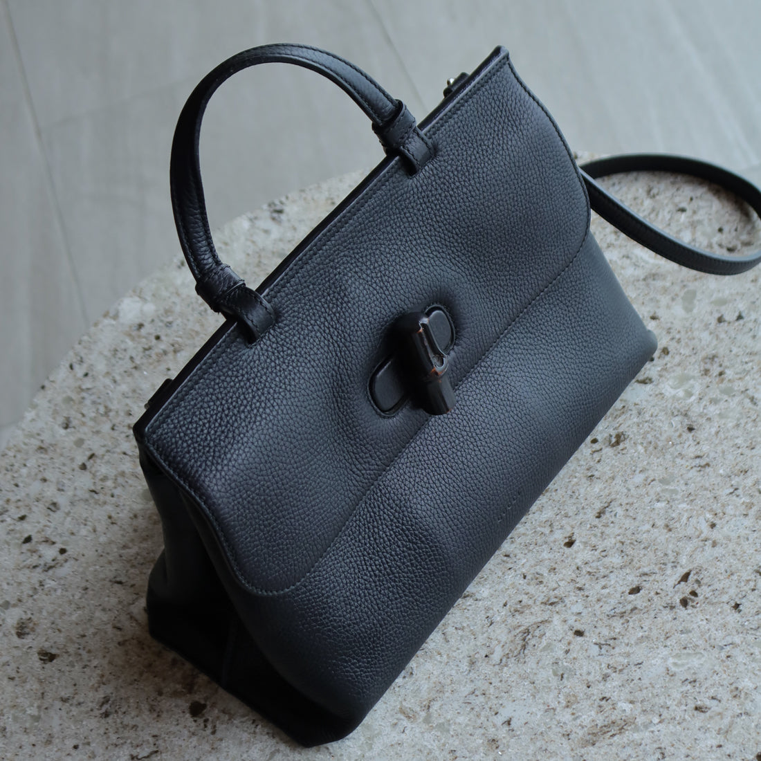 Gucci Vintage Black Medium Bamboo Daily Top Handle 2way Shoulder Bag