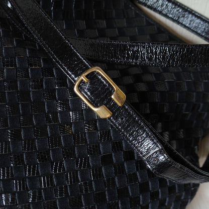 Rare Bottega Veneta Vintage Black Leather Double Intrecciato Weave Shoulder Bag