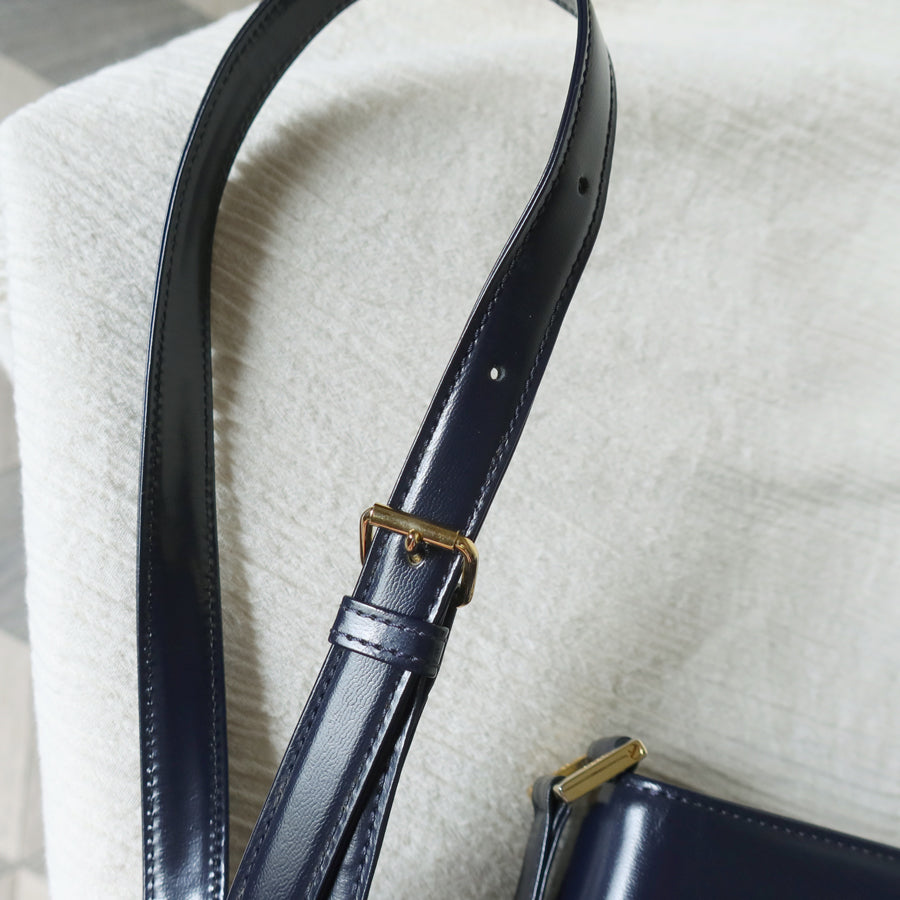 YSL Saint Laurent Vintage Dark Navy Glossy Leather 2way Top Handle Flap Bag