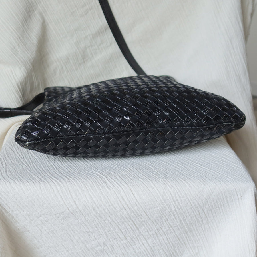 Rare Bottega Veneta Vintage Black Leather Double Intrecciato Weave Shoulder Bag