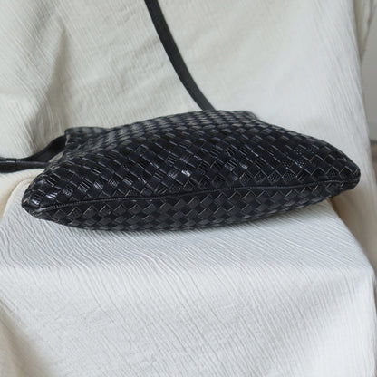 Rare Bottega Veneta Vintage Black Leather Double Intrecciato Weave Shoulder Bag