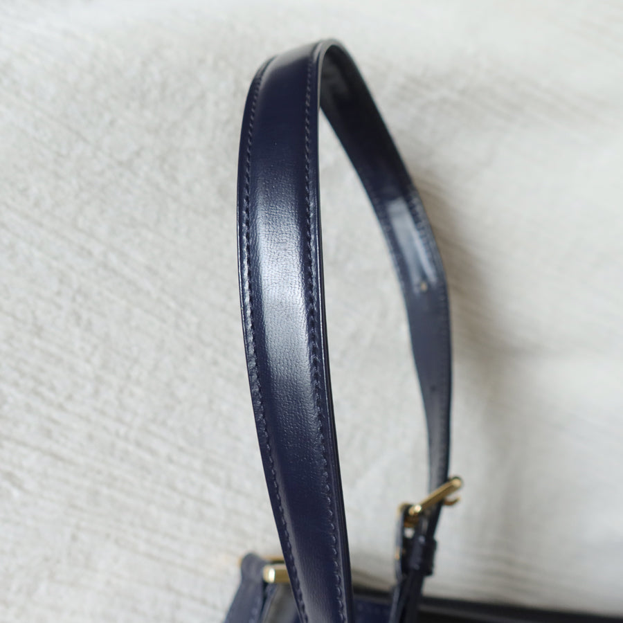 YSL Saint Laurent Vintage Dark Navy Glossy Leather 2way Top Handle Flap Bag