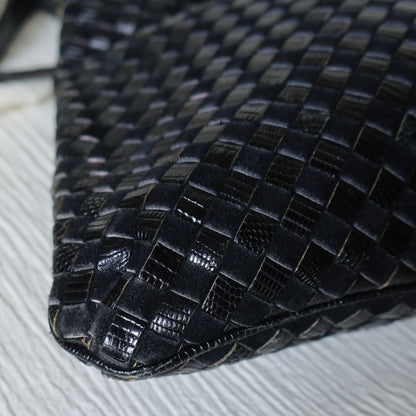 Rare Bottega Veneta Vintage Black Leather Double Intrecciato Weave Shoulder Bag