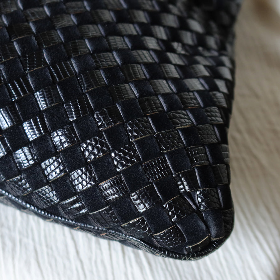 Rare Bottega Veneta Vintage Black Leather Double Intrecciato Weave Shoulder Bag