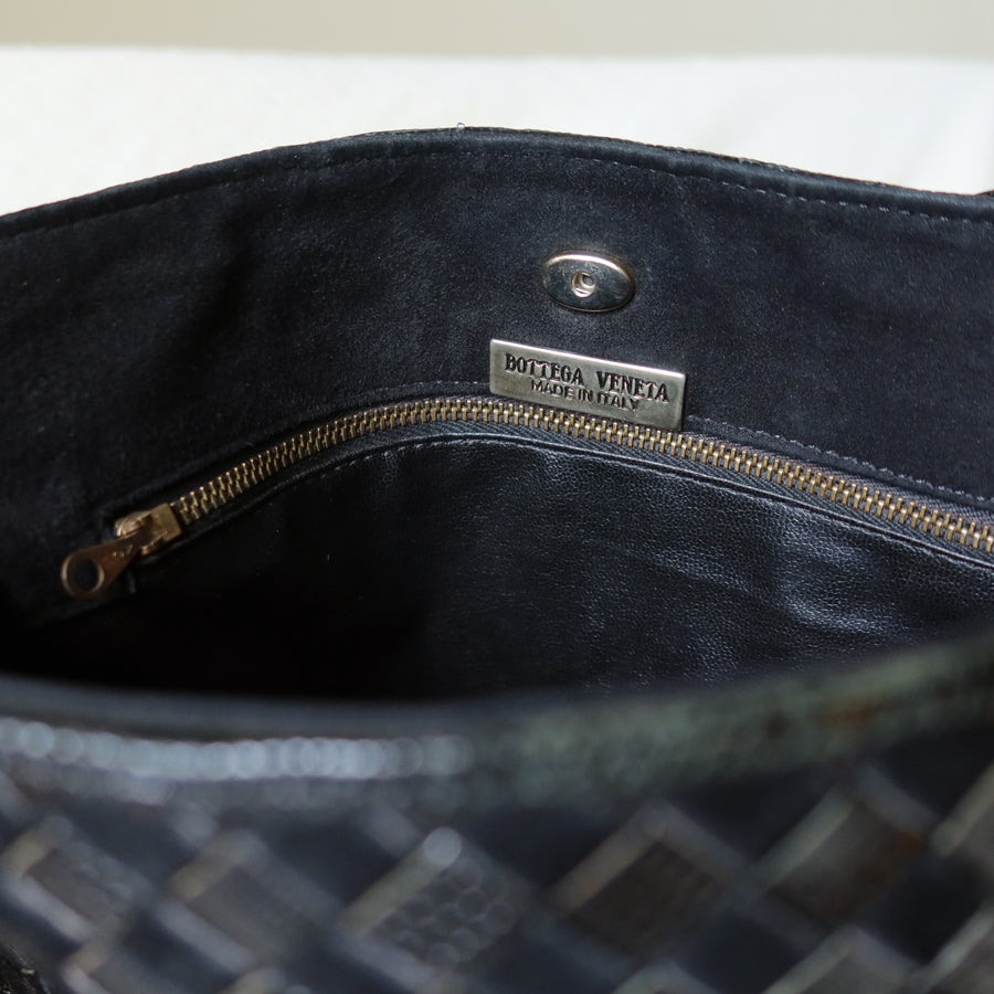 Rare Bottega Veneta Vintage Black Leather Double Intrecciato Weave Shoulder Bag