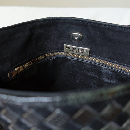 Rare Bottega Veneta Vintage Black Leather Double Intrecciato Weave Shoulder Bag