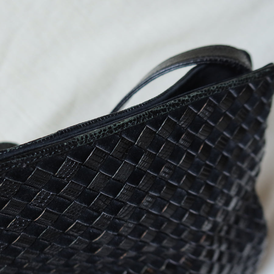 Rare Bottega Veneta Vintage Black Leather Double Intrecciato Weave Shoulder Bag