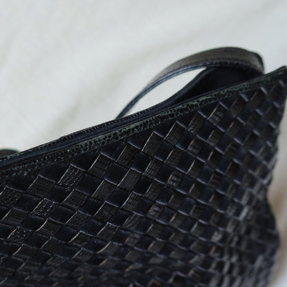 Rare Bottega Veneta Vintage Black Leather Double Intrecciato Weave Shoulder Bag