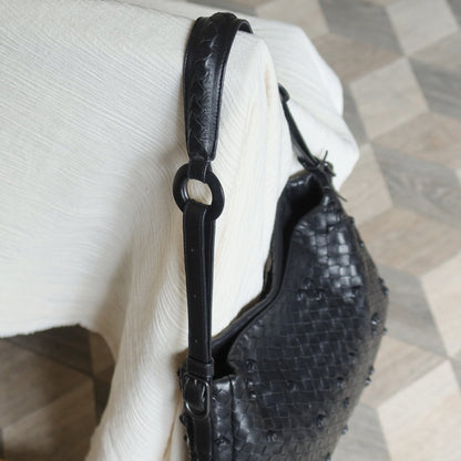 Rare Bottega Veneta Vintage Black Intrecciato knots Ring Strap Shoulder Bag