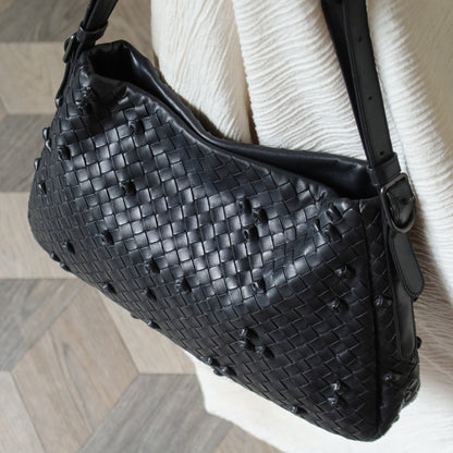 Rare Bottega Veneta Vintage Black Intrecciato knots Ring Strap Shoulder Bag
