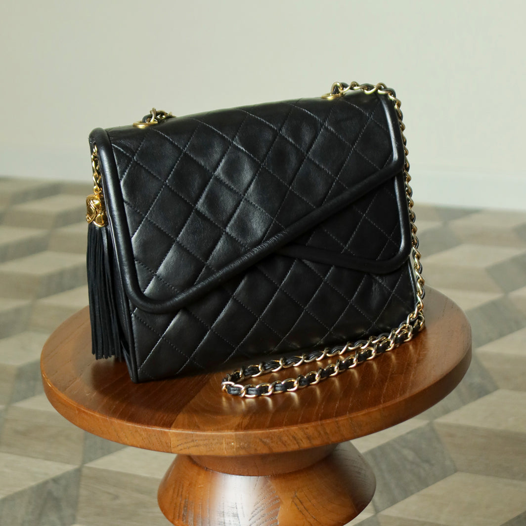 Chanel Vintage Black Matelasse Lambskin Asymmetrical Double Flap Bag with Tassel