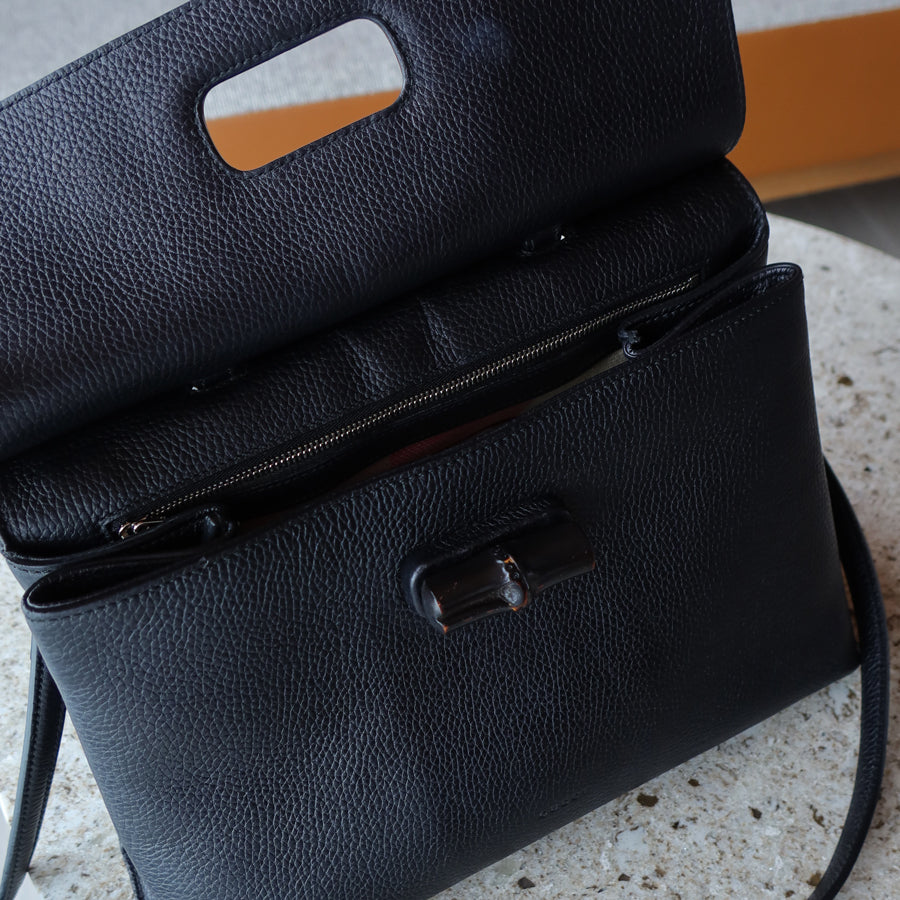 Gucci Vintage Black Medium Bamboo Daily Top Handle 2way Shoulder Bag