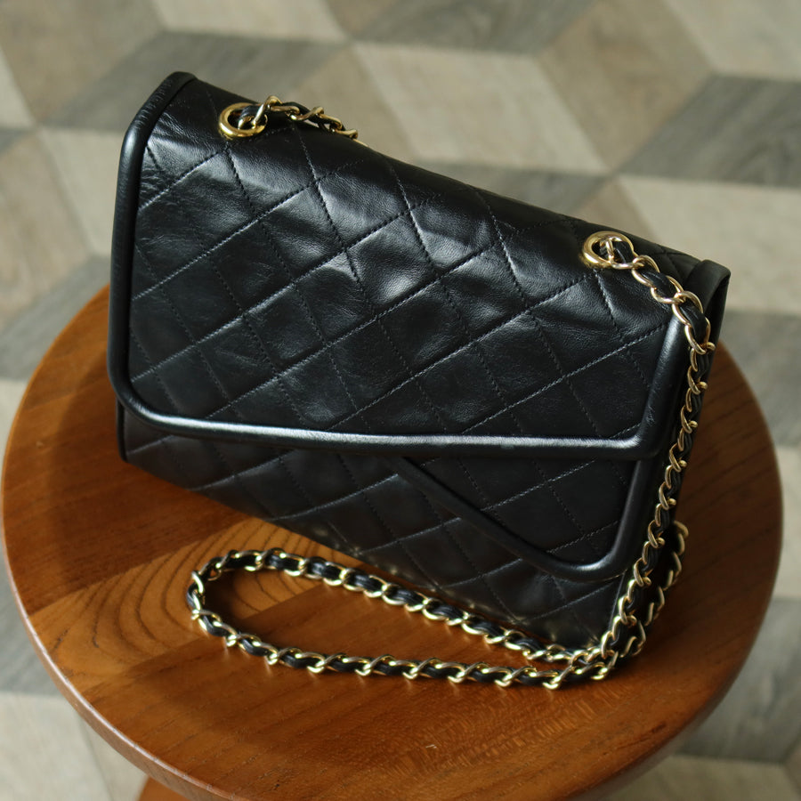 Chanel Vintage Black Matelasse Lambskin Asymmetrical Double Flap Bag with Tassel