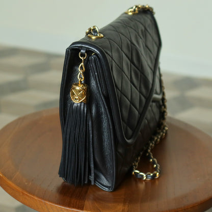 Chanel Vintage Black Matelasse Lambskin Asymmetrical Double Flap Bag with Tassel