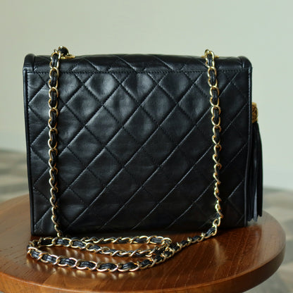 Chanel Vintage Black Matelasse Lambskin Asymmetrical Double Flap Bag with Tassel