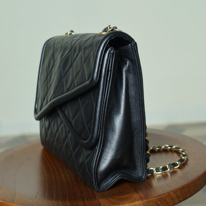 Chanel Vintage Black Matelasse Lambskin Asymmetrical Double Flap Bag with Tassel