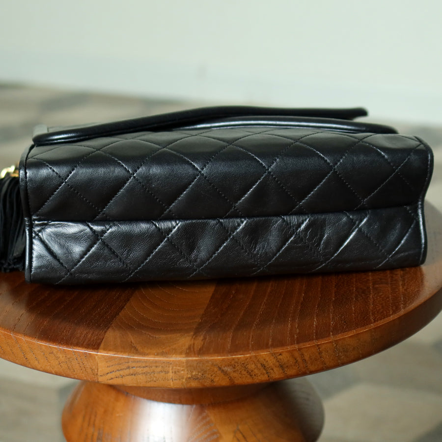 Chanel Vintage Black Matelasse Lambskin Asymmetrical Double Flap Bag with Tassel