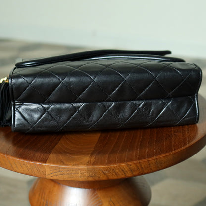 Chanel Vintage Black Matelasse Lambskin Asymmetrical Double Flap Bag with Tassel