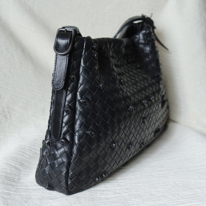 Rare Bottega Veneta Vintage Black Intrecciato knots Ring Strap Shoulder Bag