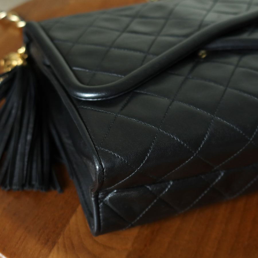 Chanel Vintage Black Matelasse Lambskin Asymmetrical Double Flap Bag with Tassel