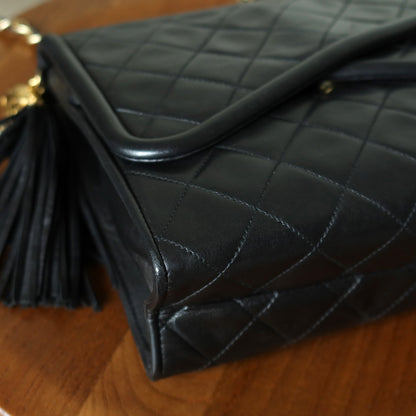 Chanel Vintage Black Matelasse Lambskin Asymmetrical Double Flap Bag with Tassel