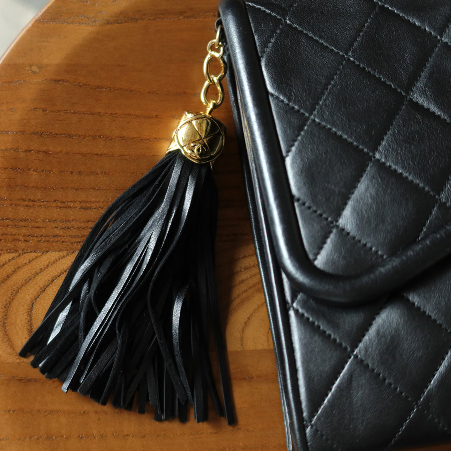 Chanel Vintage Black Matelasse Lambskin Asymmetrical Double Flap Bag with Tassel