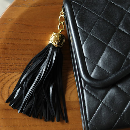 Chanel Vintage Black Matelasse Lambskin Asymmetrical Double Flap Bag with Tassel