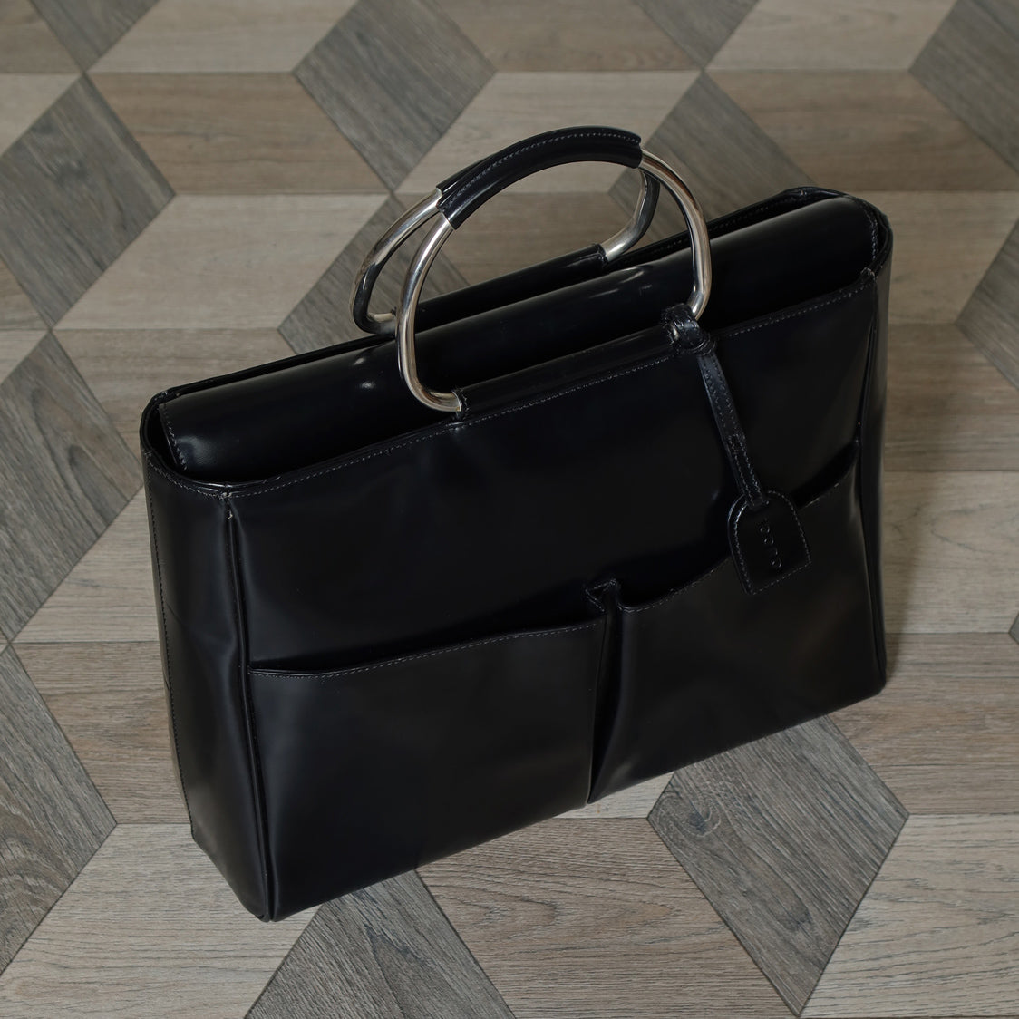 Gucci Vintage Black Patent Leather Ring Handles Travel Work Bag