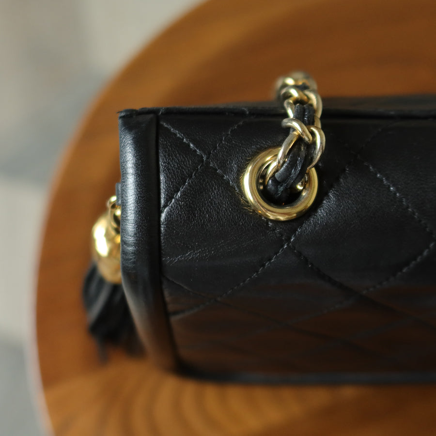 Chanel Vintage Black Matelasse Lambskin Asymmetrical Double Flap Bag with Tassel