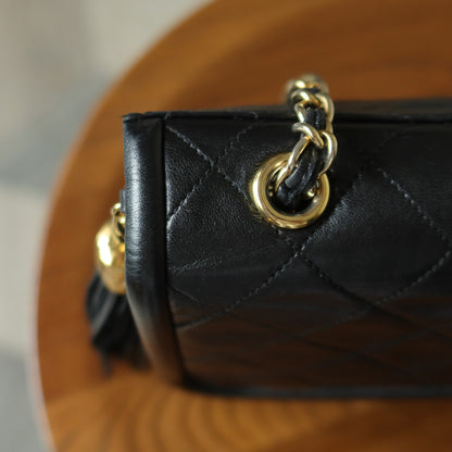 Chanel Vintage Black Matelasse Lambskin Asymmetrical Double Flap Bag with Tassel