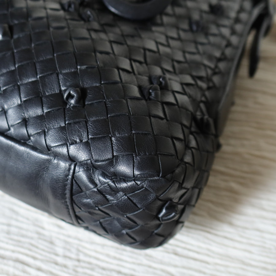 Rare Bottega Veneta Vintage Black Intrecciato knots Ring Strap Shoulder Bag