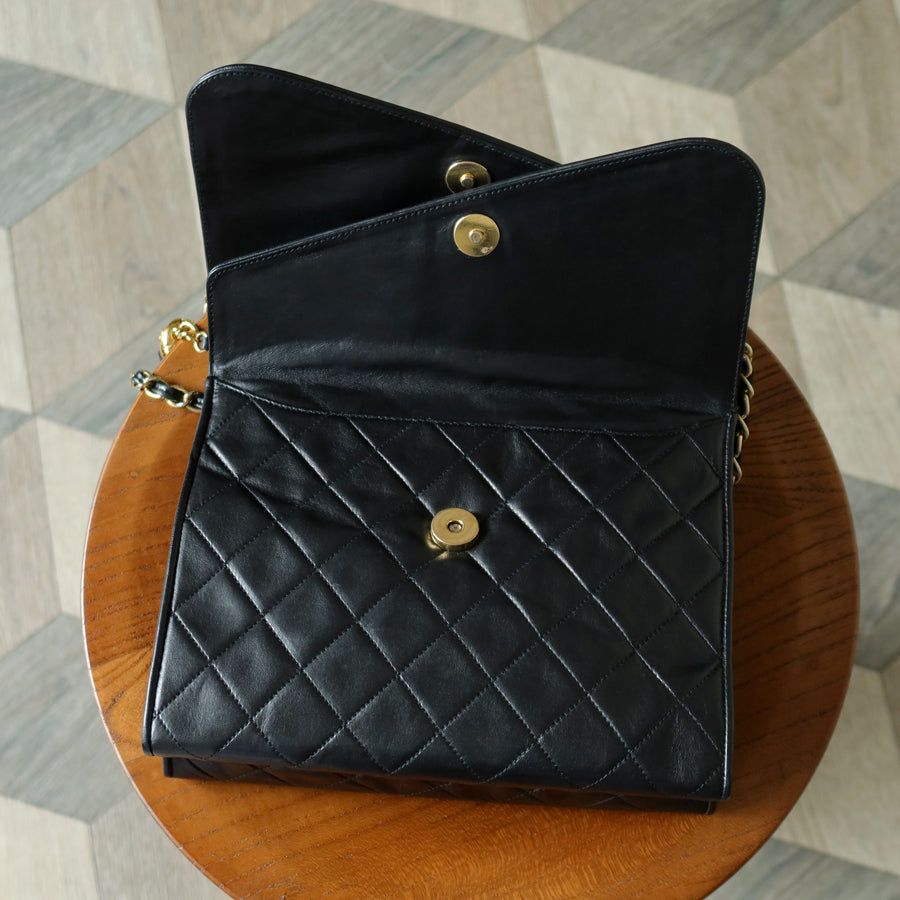 Chanel Vintage Black Matelasse Lambskin Asymmetrical Double Flap Bag with Tassel