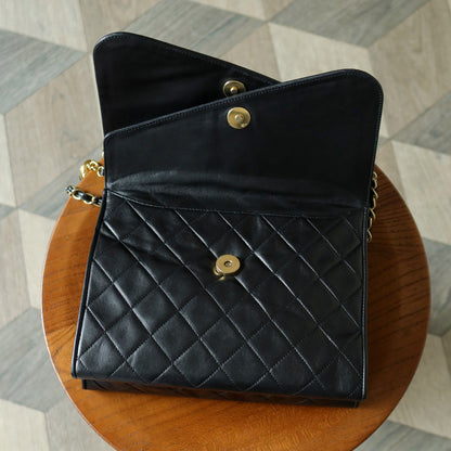 Chanel Vintage Black Matelasse Lambskin Asymmetrical Double Flap Bag with Tassel