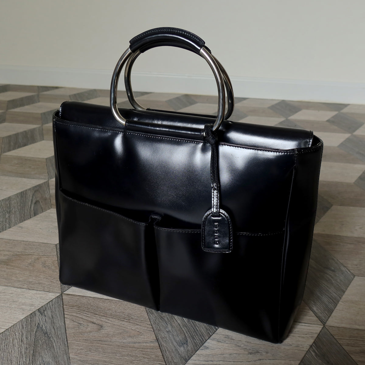 Gucci Vintage Black Patent Leather Ring Handles Travel Work Bag