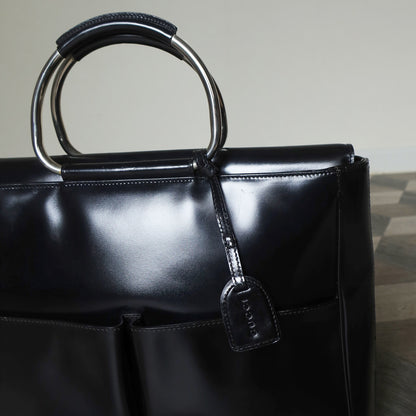 Gucci Vintage Black Patent Leather Ring Handles Travel Work Bag