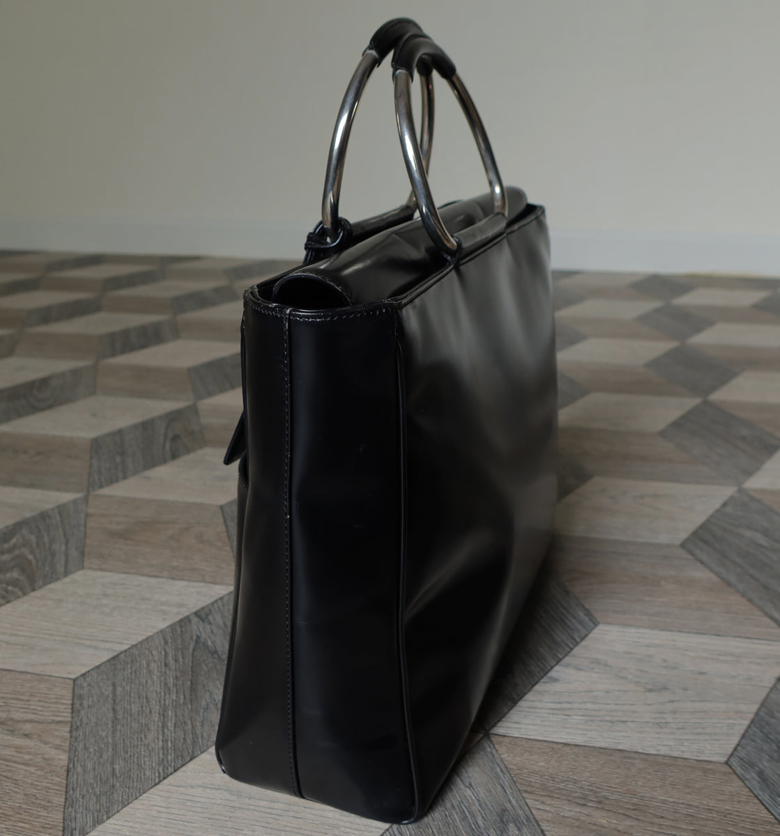 gucci travel business tote bag Gucci Vintage Black Patent Leather Ring Handles Travel Work Bag