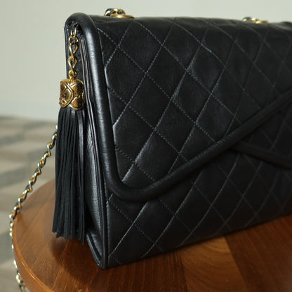 Chanel Vintage Black Matelasse Lambskin Asymmetrical Double Flap Bag with Tassel