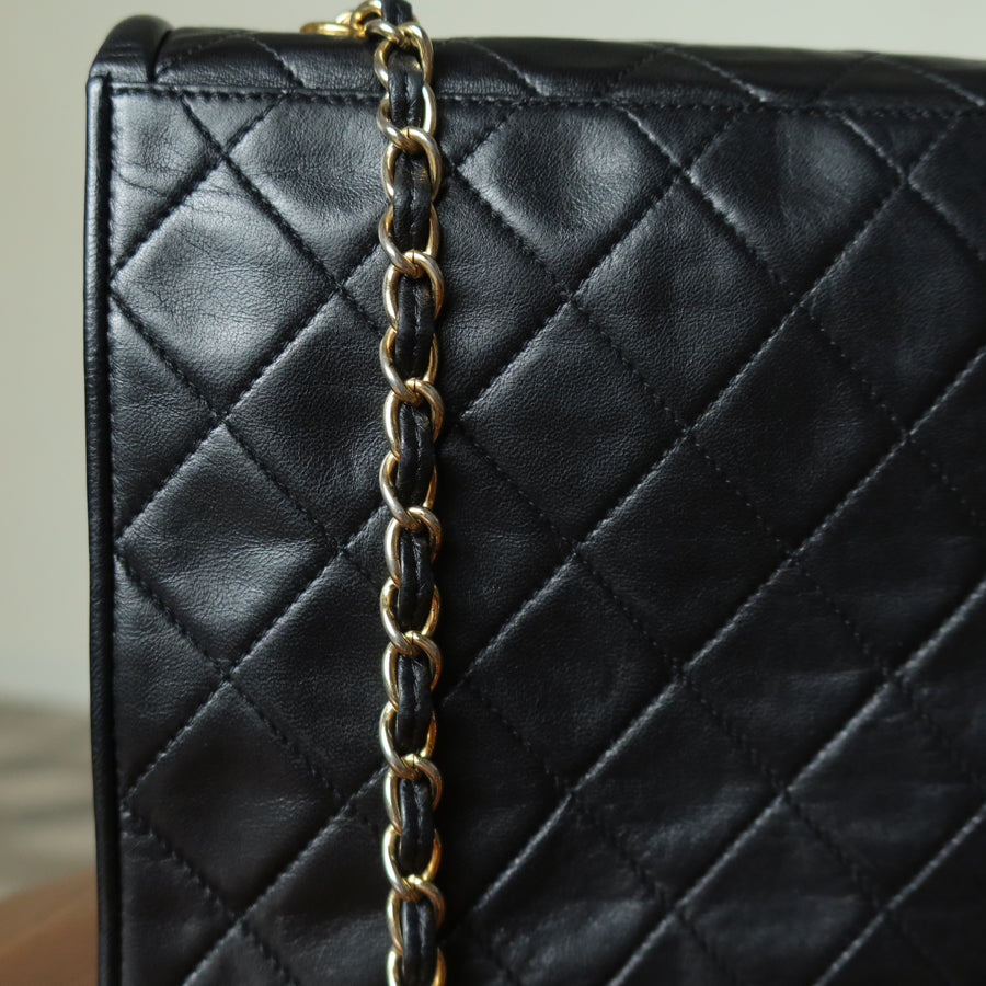 Chanel Vintage Black Matelasse Lambskin Asymmetrical Double Flap Bag with Tassel