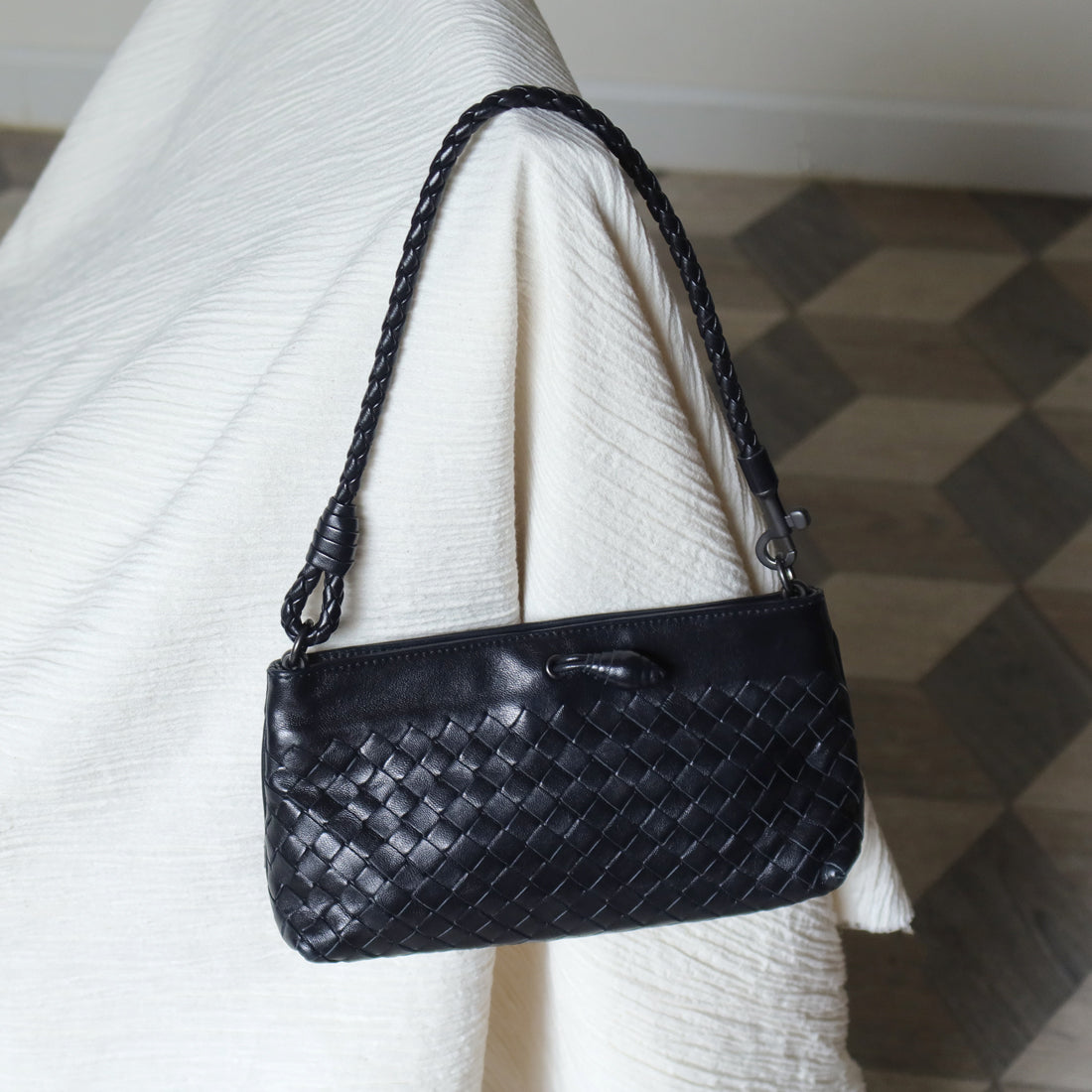 Bottega Veneta Vintage Black Intrecciato Weave Mini Pochette Clutch Shoulder Bag S